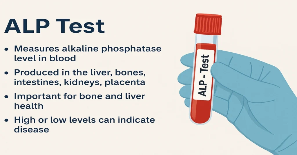Infographic about ALP blood test showing purpose, production sites, importance for liver and bone health, and disease indicators.