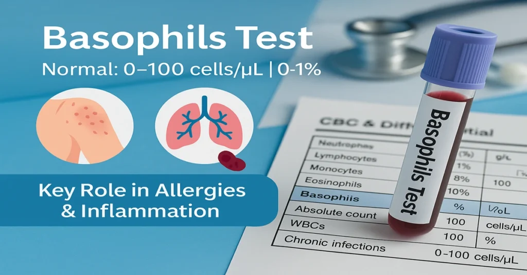 Basophils Test – Blood test image showing CBC report, lavender EDTA tube, and allergy illustration