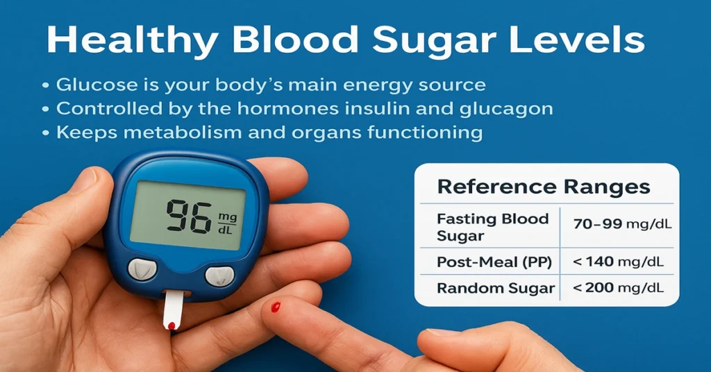 Blood Sugar Test featured image showing glucometer, finger prick blood drop, and normal fasting range values.