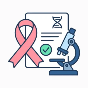 Cancer marker tests – pink ribbon with laboratory report illustration