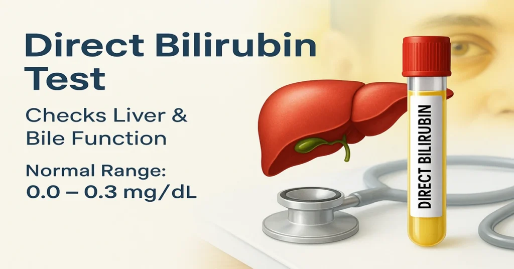 Direct Bilirubin Test featured image showing liver illustration, red-top plain tube, and key points about liver function, jaundice, and normal range.