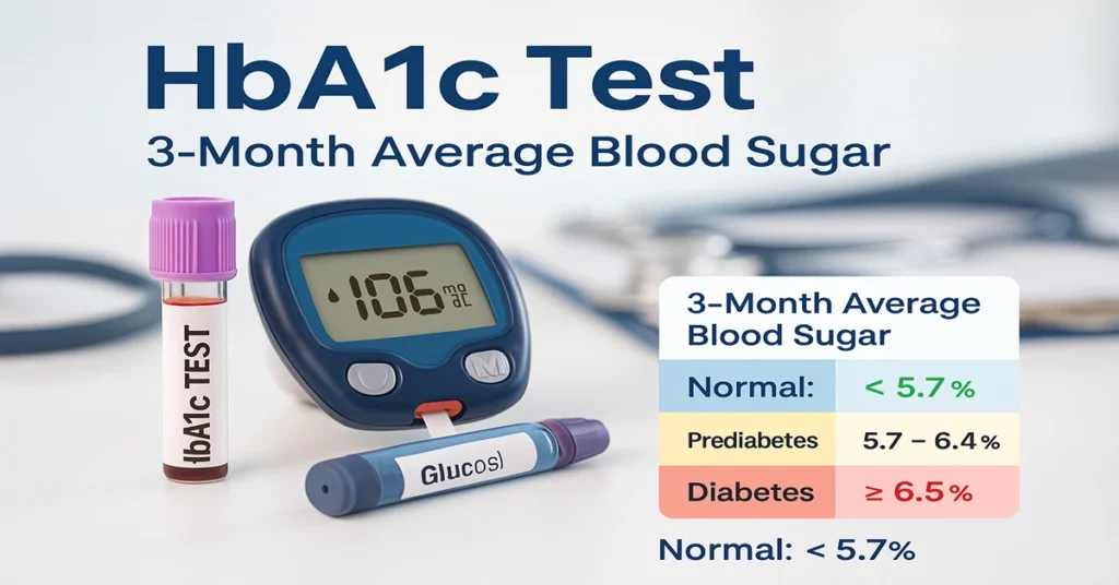 HbA1c Test – Glycated Hemoglobin blood test showing 3-month average blood sugar levels with lavender EDTA tube and glucometer.