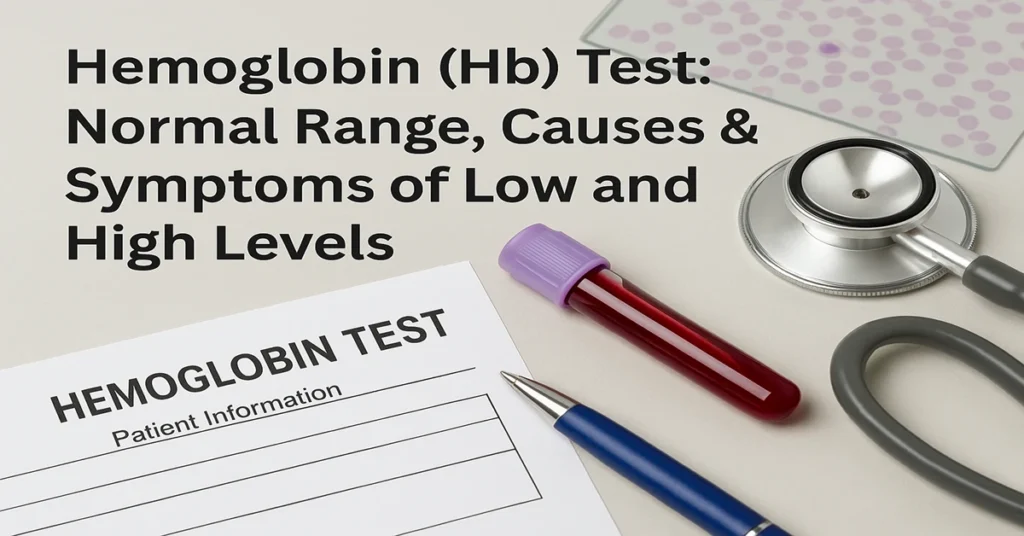 Hemoglobin (Hb) Test with blood sample, stethoscope and test form showing normal range, causes and symptoms