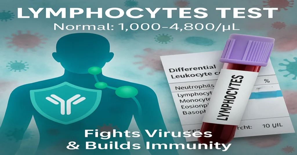 Lymphocytes Test featured image with lavender-top blood tube, CBC form highlighting lymphocytes, and visuals of viral infections and immunity.