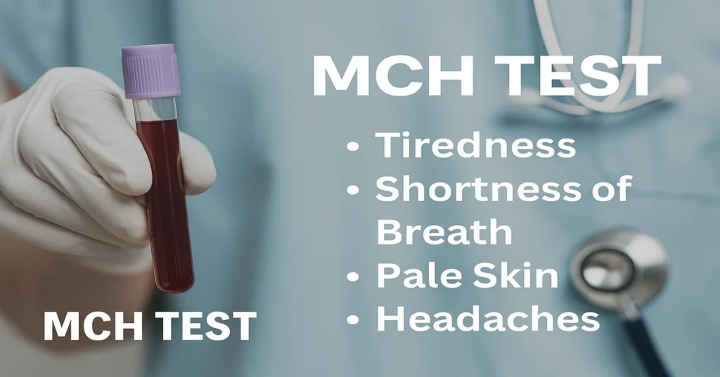 MCH Test featured image showing lavender-top blood tube, CBC report highlighting MCH, and anemia-related problems.