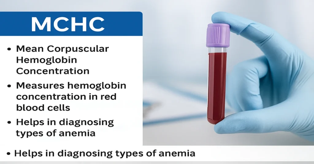 MCHC Test featured image with lavender-top blood tube, CBC form, and three key points about MCHC: measures hemoglobin concentration, detects anemia, shows normal range.