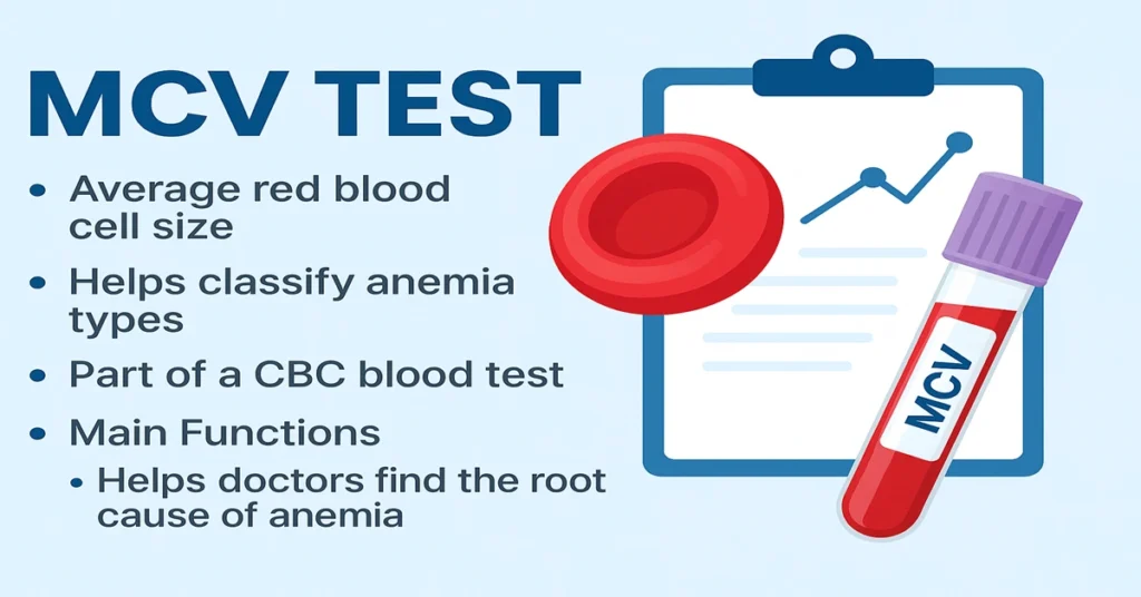 MCV test featured image showing lavender-top blood tube and CBC report with MCV highlighted.