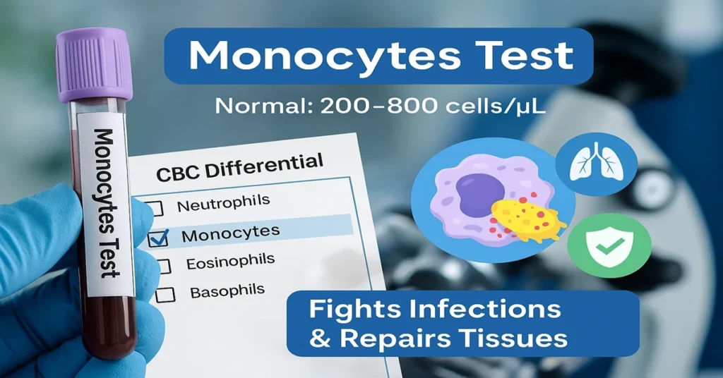 Monocytes Test featured image with lavender-top EDTA blood tube, CBC differential highlighting monocytes, and visuals of infection control and tissue repair.