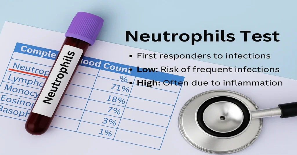 Neutrophils Test featured image showing lavender-top blood tube, CBC differential report, and 3 short key points about neutrophils.