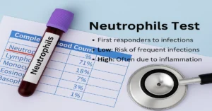 Neutrophils Test featured image showing lavender-top blood tube, CBC differential report, and 3 short key points about neutrophils.