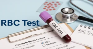 RBC Test setup with lavender-top blood collection tube labeled RBC Test, CBC form checked for RBC, and stethoscope.