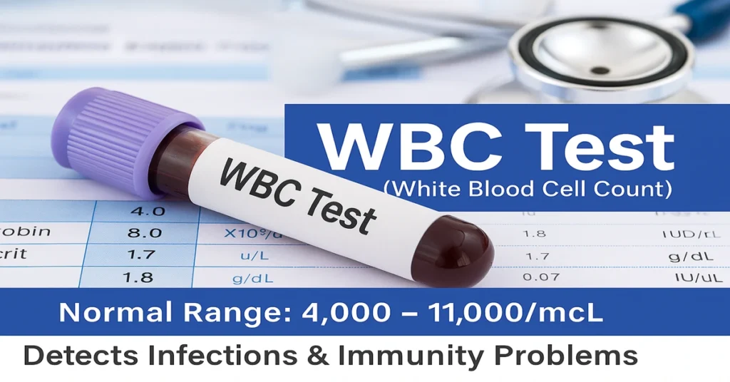 WBC Test featured image showing lavender-top blood tube, CBC form with WBC highlighted, and key points about white blood cells.