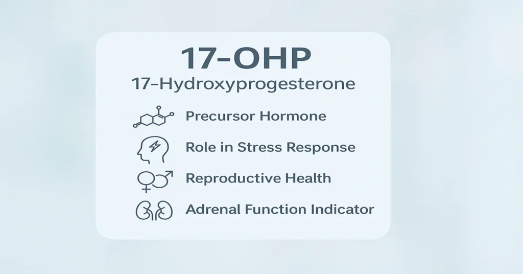 Medical infographic showing 17-OHP (17-Hydroxyprogesterone) with four key points: precursor hormone, role in stress response, reproductive health, and adrenal function indicator.