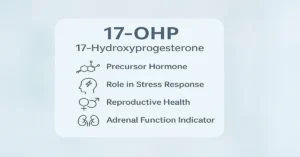 Medical infographic showing 17-OHP (17-Hydroxyprogesterone) with four key points: precursor hormone, role in stress response, reproductive health, and adrenal function indicator.