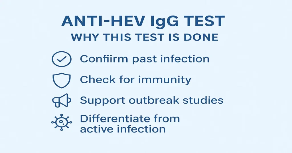 Infographic showing reasons for Anti–HEV IgG Test – confirm past infection, check immunity, support outbreak studies, and differentiate active infection.