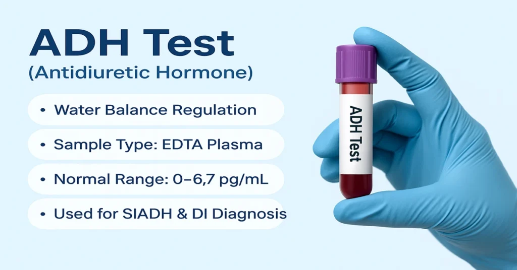 A gloved hand holding a purple-top EDTA tube labeled “ADH Test,” highlighting its role in water balance regulation and diagnosis of SIADH or diabetes insipidus.