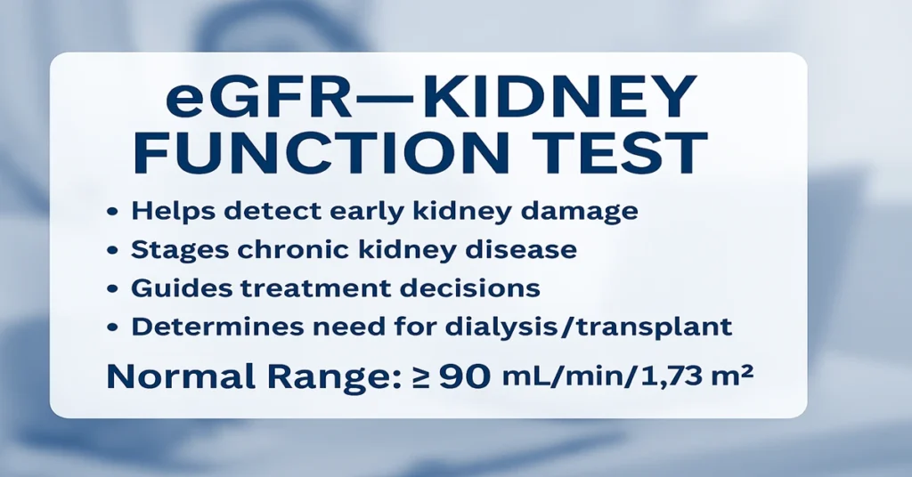 Infographic about eGFR test showing normal range, CKD stages, causes of low eGFR, and key symptoms of kidney dysfunction with a clean medical background.