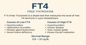 FT4 (Free Thyroxine) infographic showing causes of high and low FT4 levels with normal range, thyroid test information, and simple medical layout.