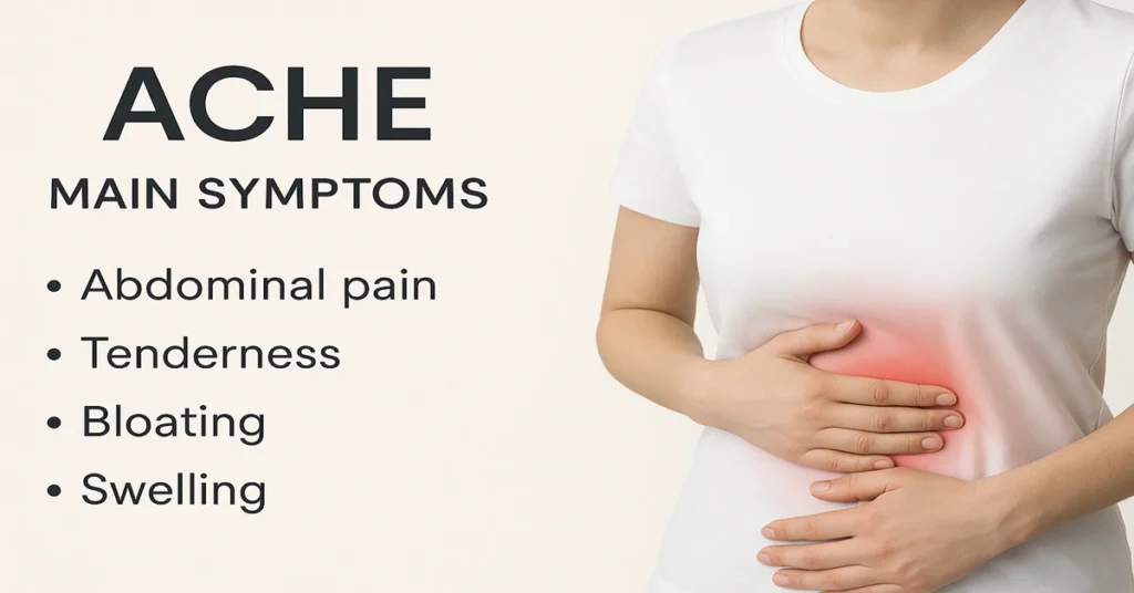 A person holding their stomach showing ache pain area with a red mark, displaying the main symptoms of ACHE abnormality — abdominal pain, tenderness, bloating, and swelling.