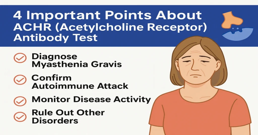 ACHR Antibody Test infographic showing four important points – diagnose Myasthenia Gravis, confirm autoimmune attack, monitor disease activity, and rule out other disorders.