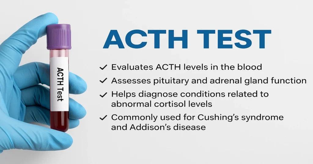 A gloved hand holding a purple-top EDTA tube labeled “ACTH Test,” used to measure adrenocorticotropic hormone levels for diagnosing adrenal and pituitary disorders.