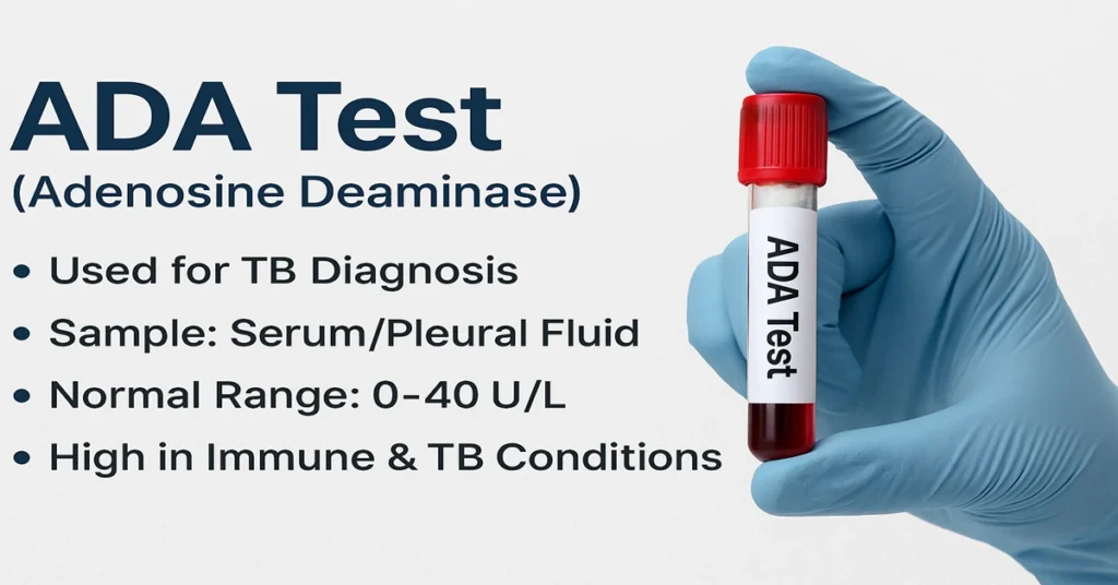 A gloved hand holding a red-top serum tube labeled “ADA Test,” showing key details like sample type, normal range, and its diagnostic use for tuberculosis.