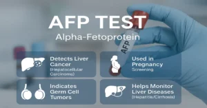 Gloved hand holding AFP blood sample tube with infographic showing liver cancer detection, pregnancy screening, germ cell tumors, and liver disease monitoring.