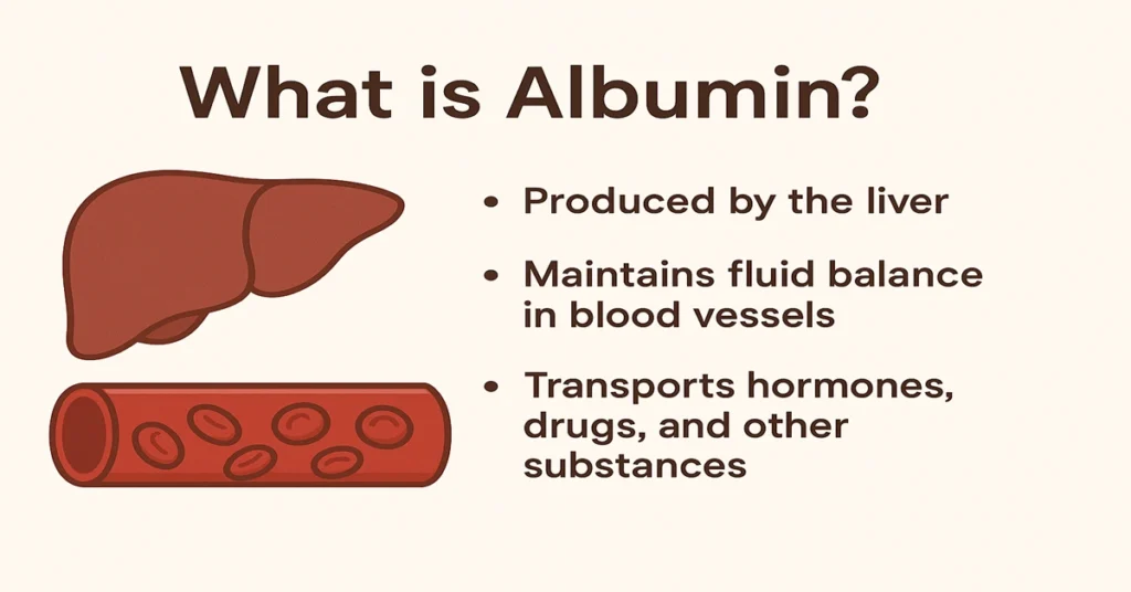 Albumin Test infographic showing production in liver, role in fluid balance, and transport of hormones and drugs.