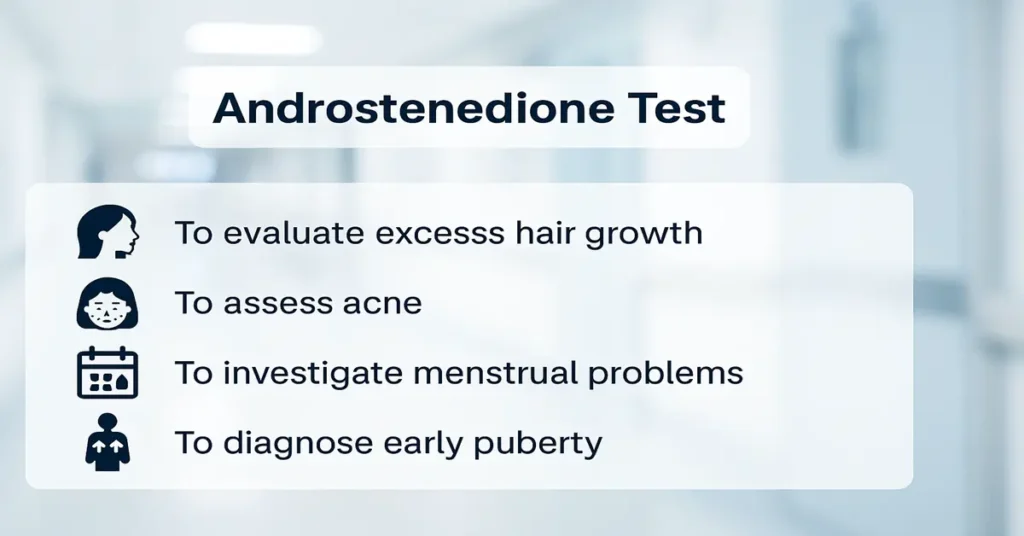 Infographic about the Androstenedione Test showing its uses: to evaluate excess hair growth, assess acne, investigate menstrual problems, and diagnose early puberty.