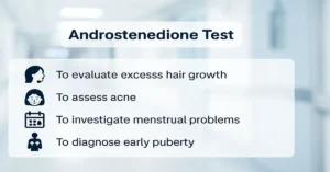 Infographic about the Androstenedione Test showing its uses: to evaluate excess hair growth, assess acne, investigate menstrual problems, and diagnose early puberty.
