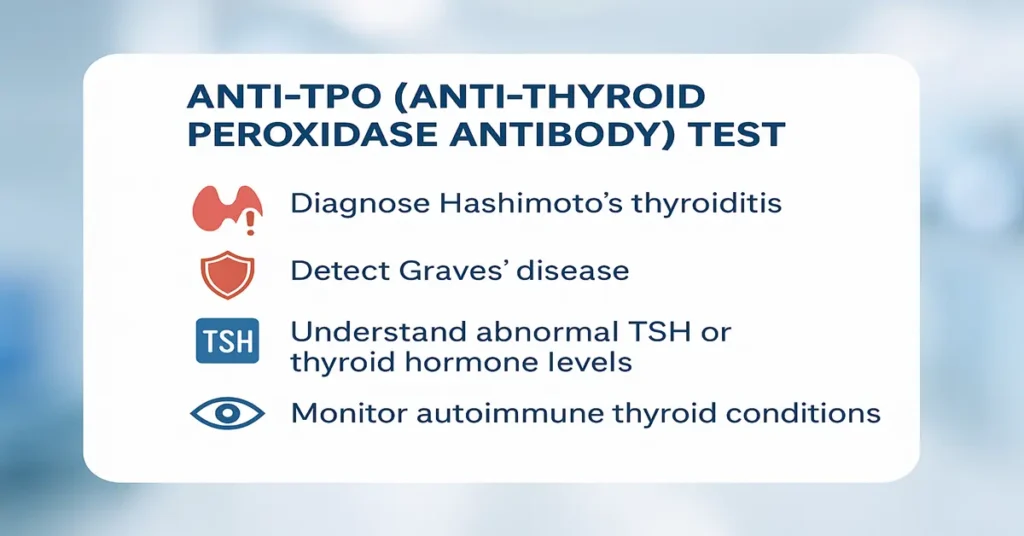 Infographic showing the purpose of the Anti-TPO (Anti-Thyroid Peroxidase Antibody) Test, including diagnosis of Hashimoto’s thyroiditis, Graves’ disease, thyroid hormone level evaluation, and autoimmune thyroid monitoring.