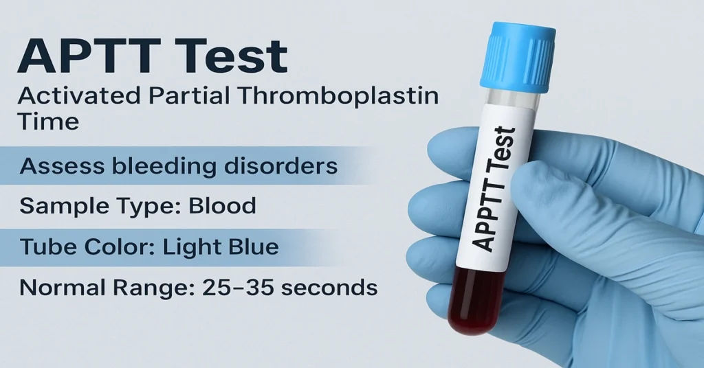 A gloved hand holding a light blue citrate tube labeled “APTT Test,” showing its purpose in bleeding disorder detection and normal range of 25–35 seconds.
