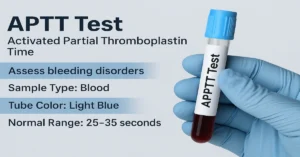 A gloved hand holding a light blue citrate tube labeled “APTT Test,” showing its purpose in bleeding disorder detection and normal range of 25–35 seconds.