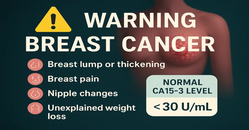 Infographic showing “Warning: Breast Cancer” with a teal background, featuring four warning signs—breast lump, pain, nipple changes, and unexplained weight loss—and displaying normal CA15-3 level (