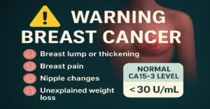 Infographic showing “Warning: Breast Cancer” with a teal background, featuring four warning signs—breast lump, pain, nipple changes, and unexplained weight loss—and displaying normal CA15-3 level (