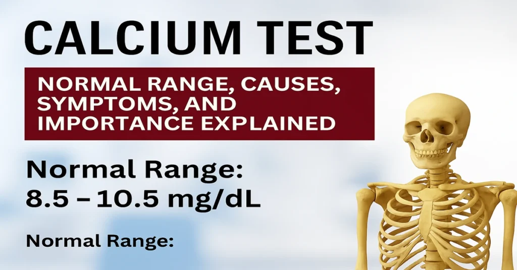 Infographic about Calcium Test showing its normal range (8.5–10.5 mg/dL), key causes, symptoms of low and high calcium, and importance for bone and kidney health.
