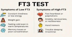 FT3 (Free Triiodothyronine) test infographic comparing 4 symptoms of low FT3 and 4 symptoms of high FT3 with neat alignment and realistic medical icons in a clean beige-blue background.