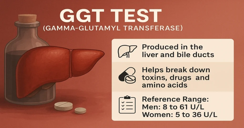 GGT Test infographic showing liver, enzyme functions, toxin breakdown, and normal GGT reference ranges.