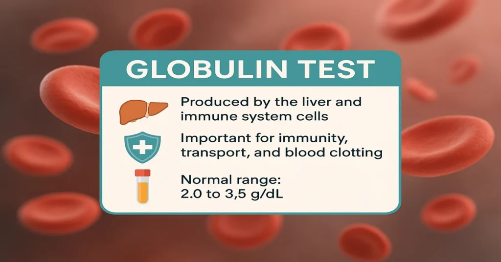 Globulin Test infographic showing liver and immune system production, role in immunity, transport, blood clotting, and normal range.
