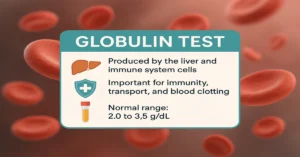 Globulin Test infographic showing liver and immune system production, role in immunity, transport, blood clotting, and normal range.