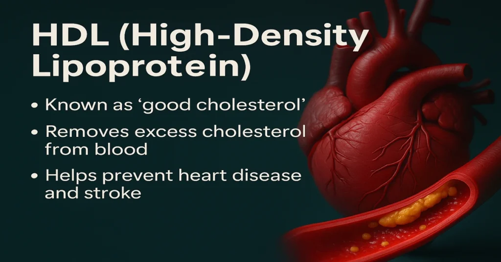 HDL (High-Density Lipoprotein) infographic showing good cholesterol benefits and normal ranges