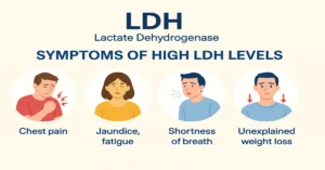 Medical infographic showing symptoms of high LDH (Lactate Dehydrogenase) levels including chest pain, jaundice, fatigue, shortness of breath, and unexplained weight loss.