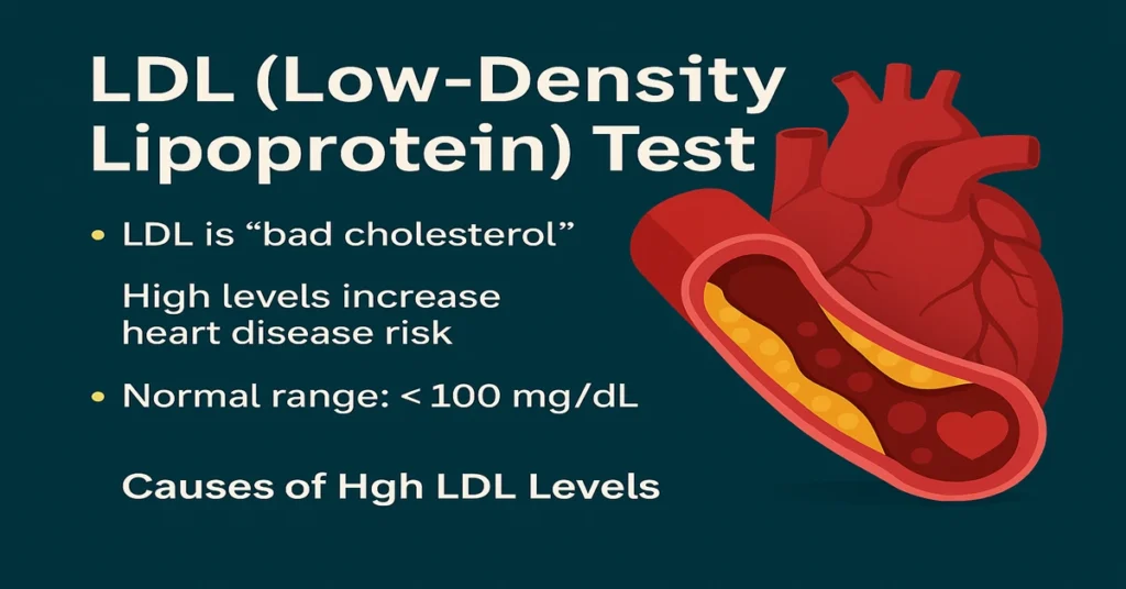 LDL (Low-Density Lipoprotein) infographic showing bad cholesterol levels, normal range, and heart disease risk