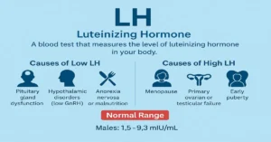 A clean, professional infographic on FSH (Follicle-Stimulating Hormone) showing its role in reproductive health and fertility. Highlights that FSH supports ovarian follicle growth, sperm production, and menstrual regulation, with normal range information on a soft-colored medical background.