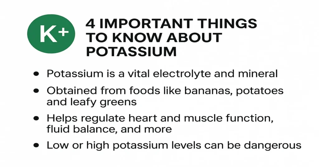 4 important things to know about potassium – key functions, food sources, and dangers of imbalance (K⁺ blood test infographic)