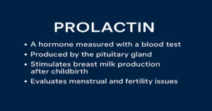 Infographic on Prolactin hormone showing its main functions: produced by the pituitary gland, supports milk production after childbirth, and regulates fertility and menstrual health.