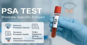 Gloved hand holding a PSA blood sample tube with medical icons showing prostate cancer detection, screening, and treatment monitoring.