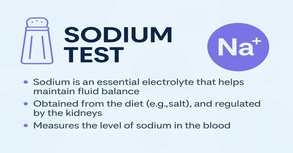 Infographic showing Sodium (Na⁺) blood test details, including its function in fluid balance, dietary source, and regulation by kidneys.