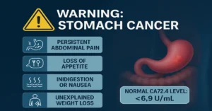 Infographic showing “Warning: Stomach Cancer” with deep blue background and icons for abdominal pain, loss of appetite, nausea, and weight loss, along with normal CA72.4 level (