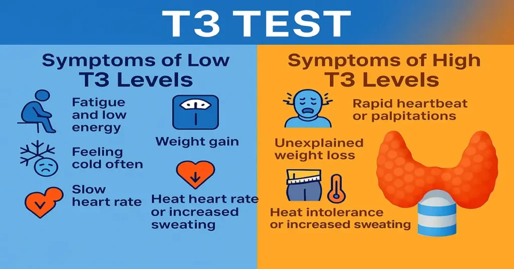 Clean, professional T3 test infographic comparing low vs high T3 levels with realistic thyroid-related icons, showing symptoms like fatigue, weight change, rapid heartbeat, and heat intolerance.